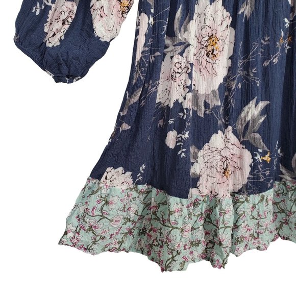 Umgee Size L Dress Blue CottageCore Floral Crinkle V-neck Ribbon Tie Puff Sleeve - Picture 5 of 9